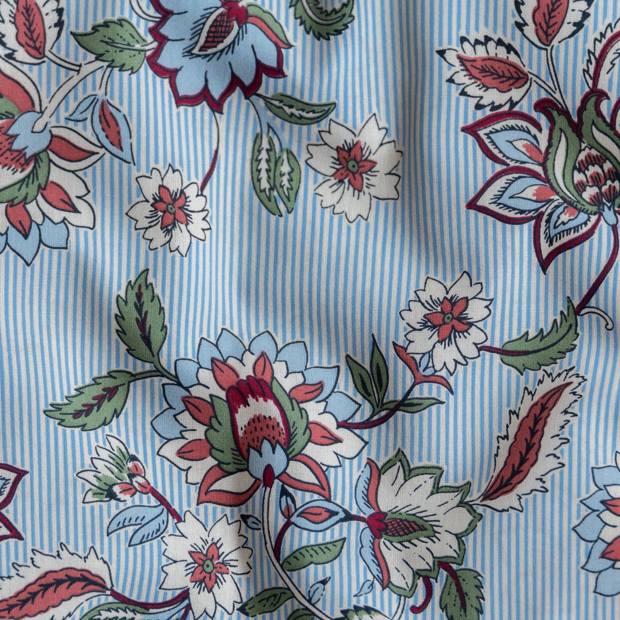 Katoen bloemen/strepen offwhite