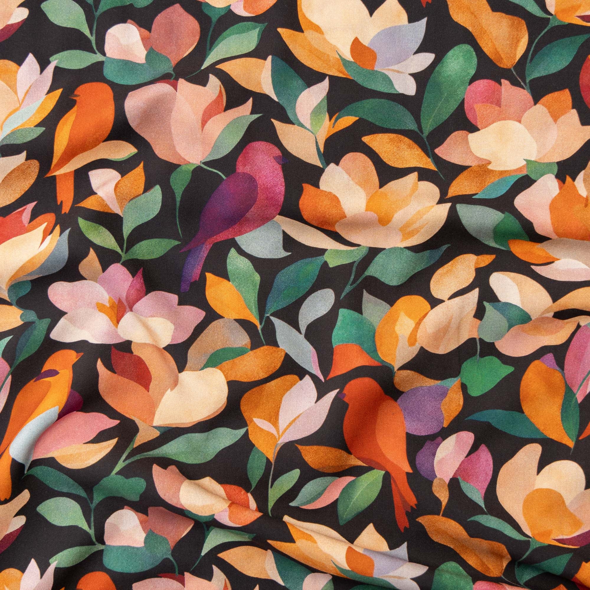 Viscose bloemen/vogels zwart