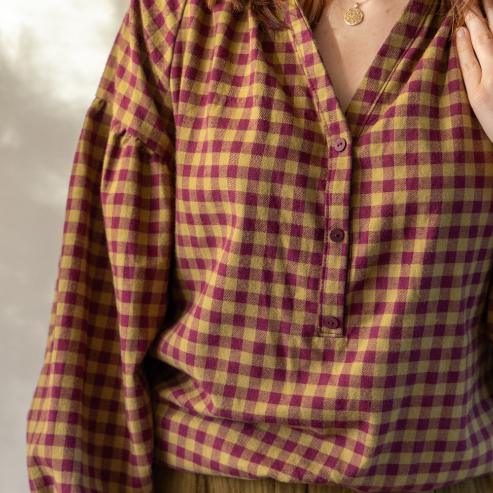 Flanel ruit olijfgroen/aubergine