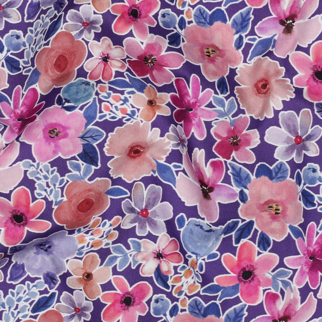 Coupon 90cm fine poplin digitaal bloemen paars