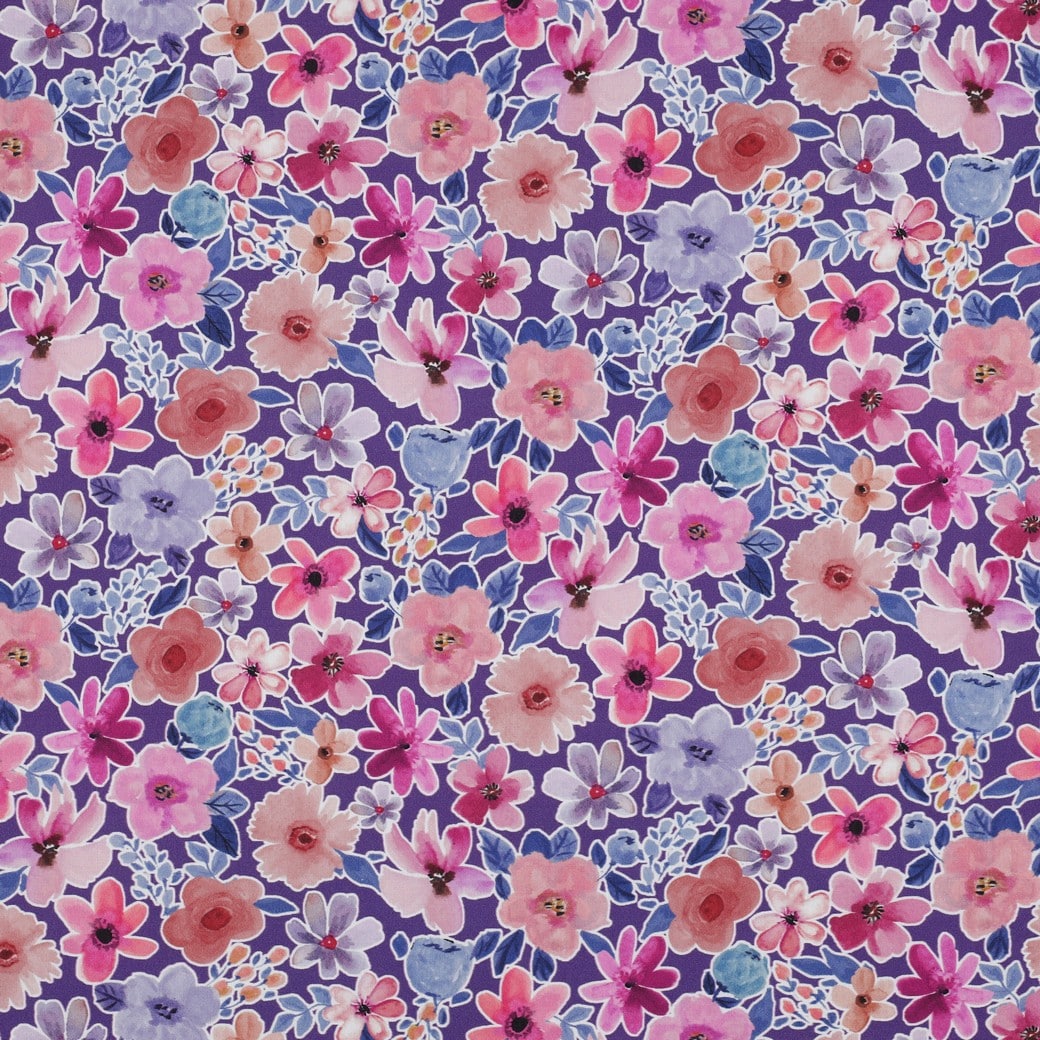 Coupon 90cm fine poplin digitaal bloemen paars