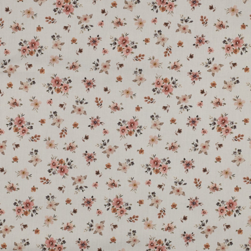 Fine poplin bloemen offwhite/perzik