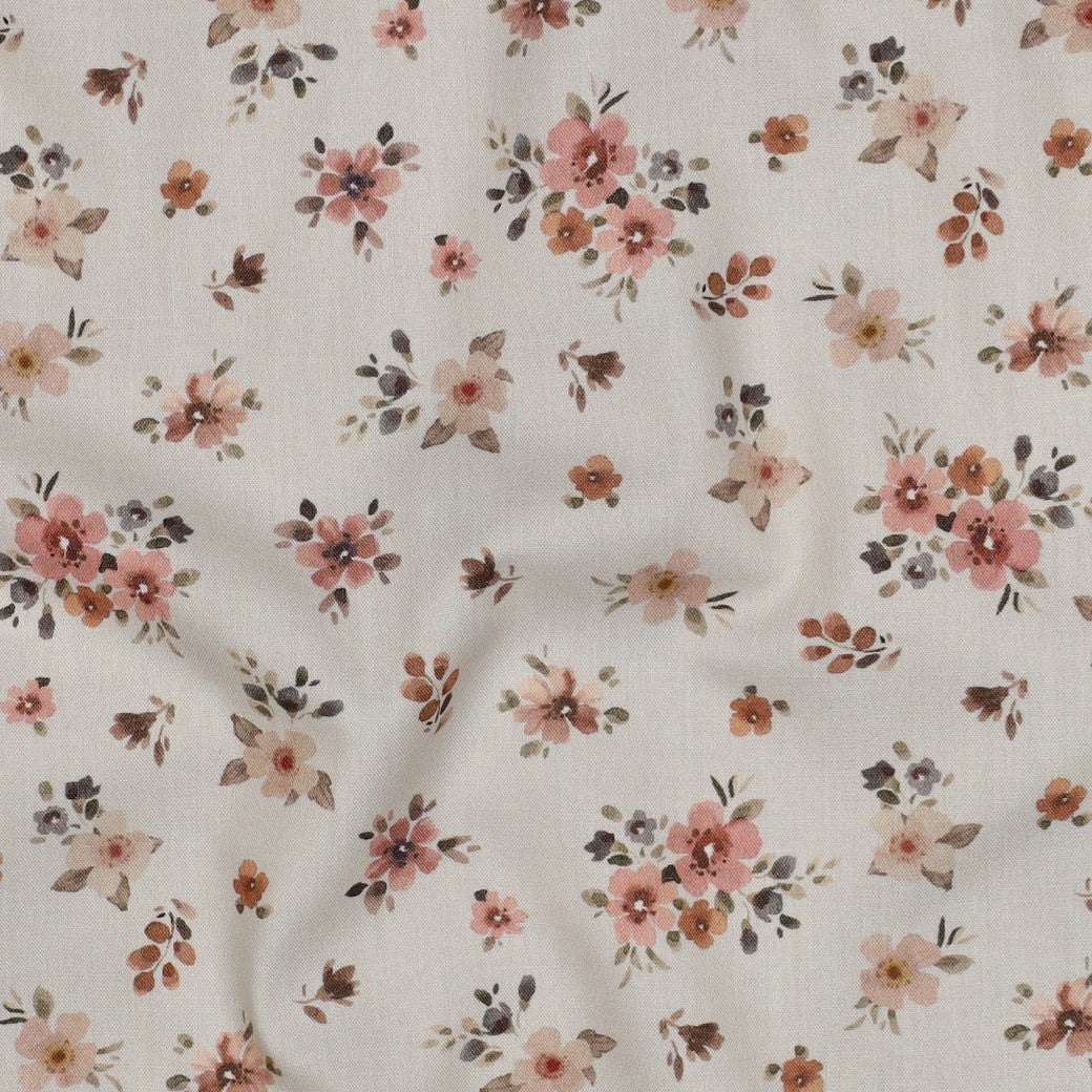 Fine poplin bloemen offwhite/perzik