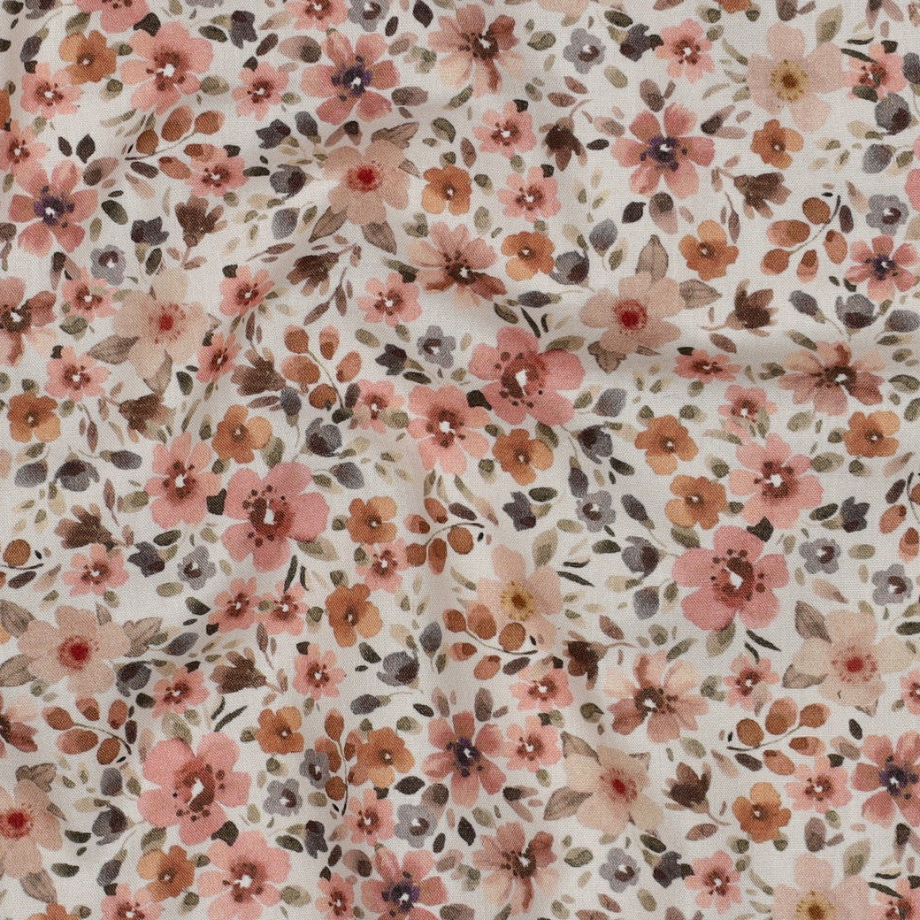 Fine poplin bloemen perzik/offwhite