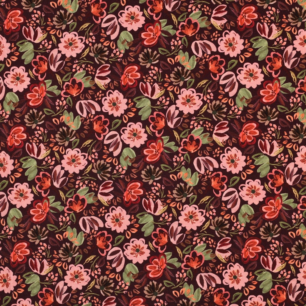 Jersey digitaal bloemen burgundy