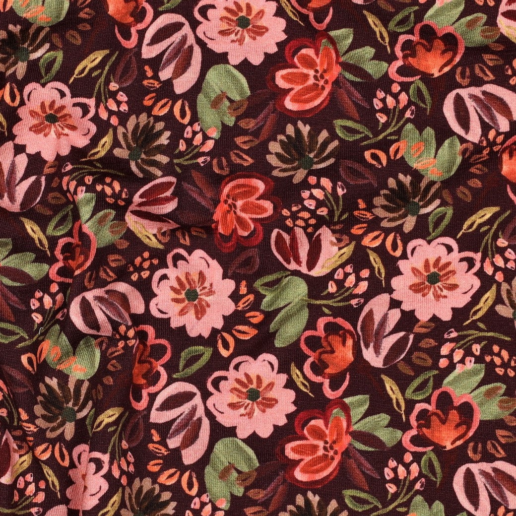 Jersey digitaal bloemen burgundy