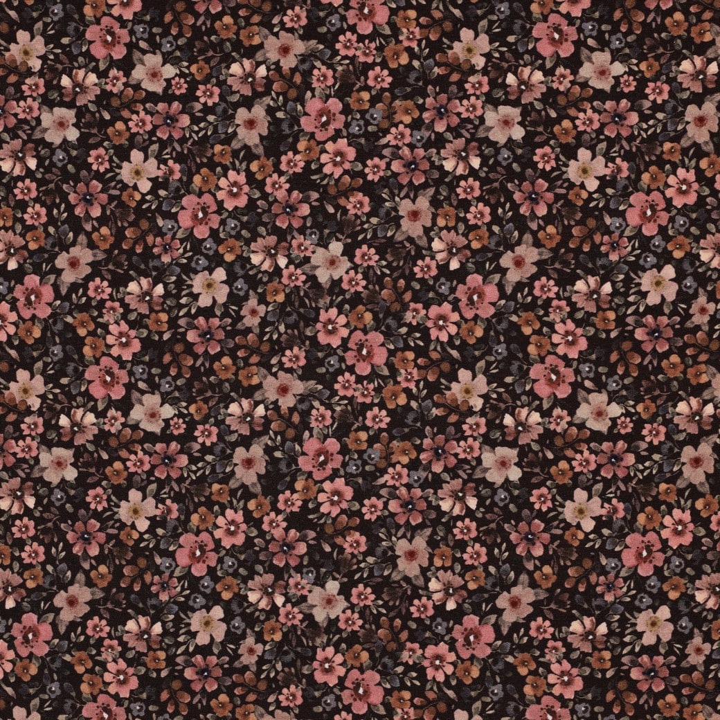 Jersey digitaal bloemen donkerbruin