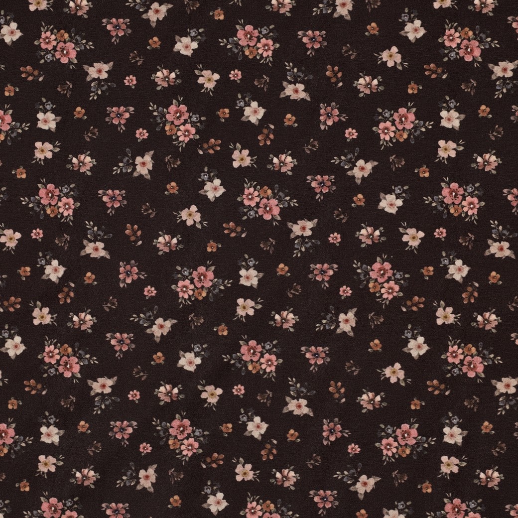 Jersey digitaal bloemen donkerbruin.