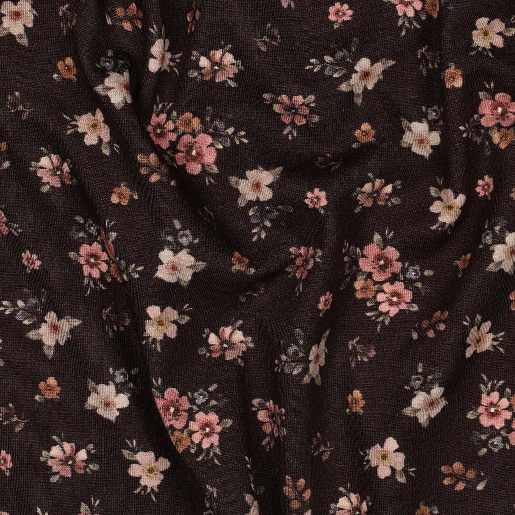 Jersey digitaal bloemen donkerbruin.