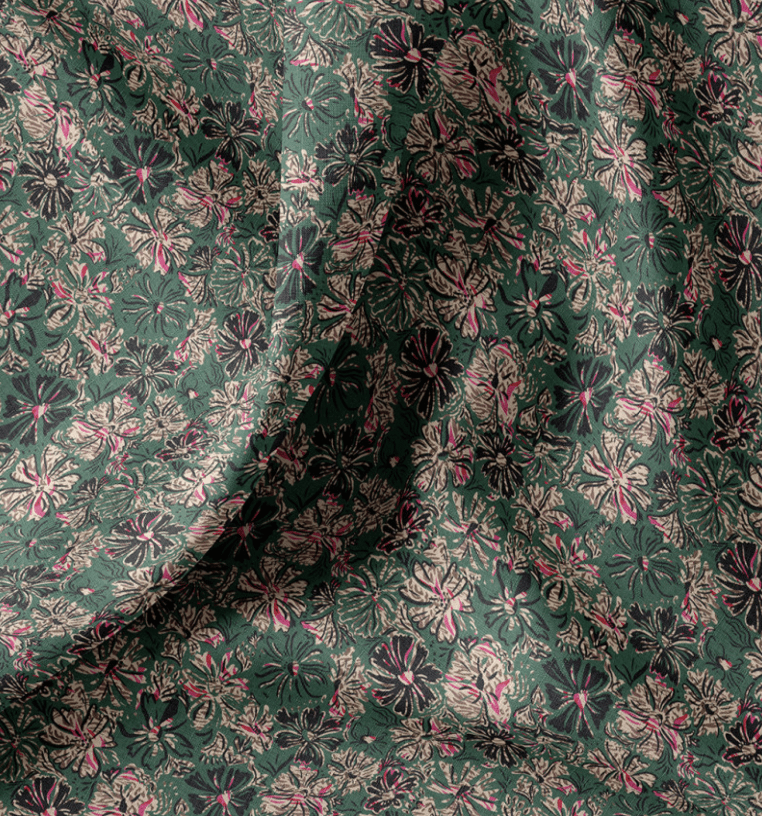 Katoen bloemen donkergroen/roze