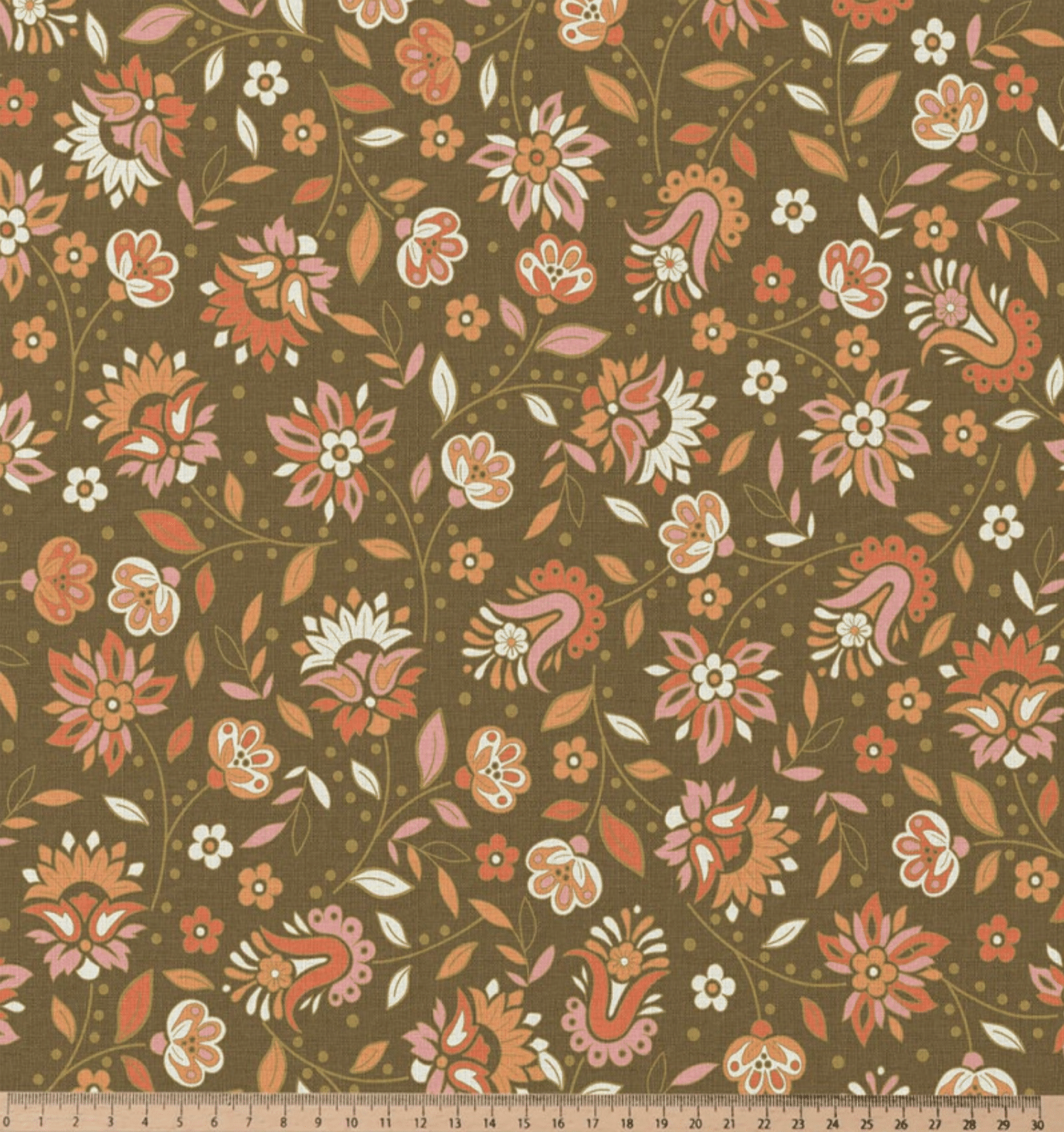 Katoen bloemen mosgroen/oranje