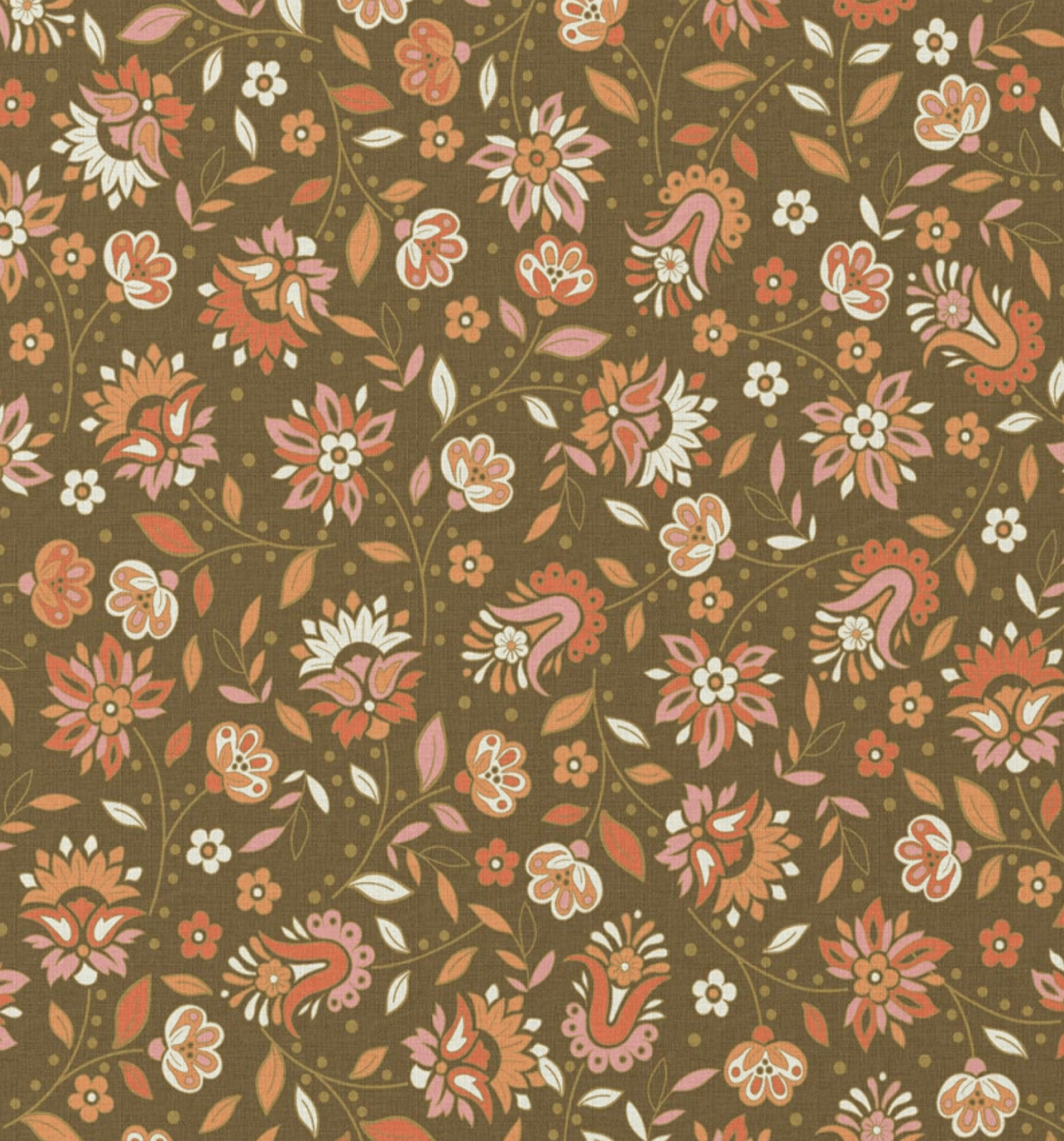 Katoen bloemen mosgroen/oranje