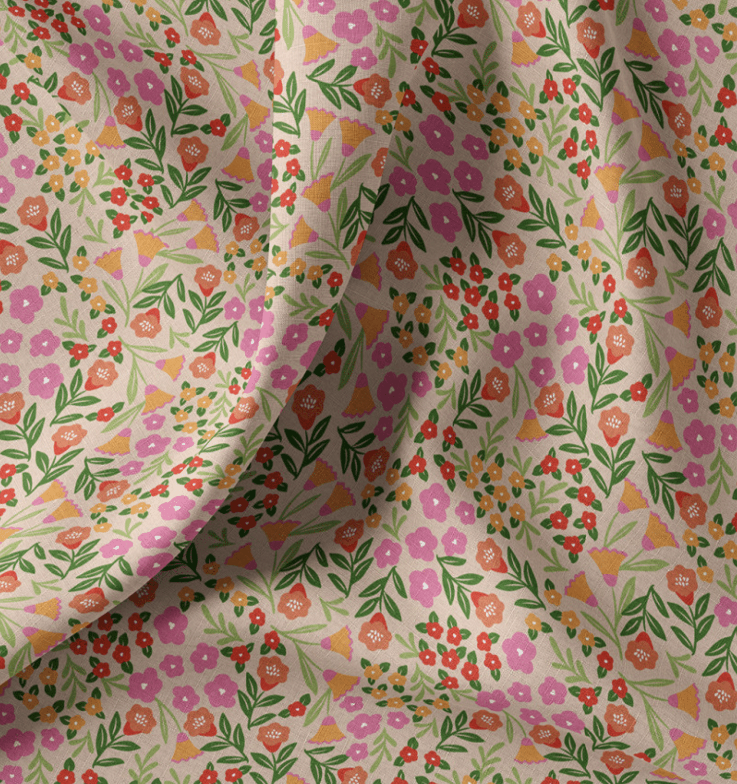 Katoen bloemen roze/groen