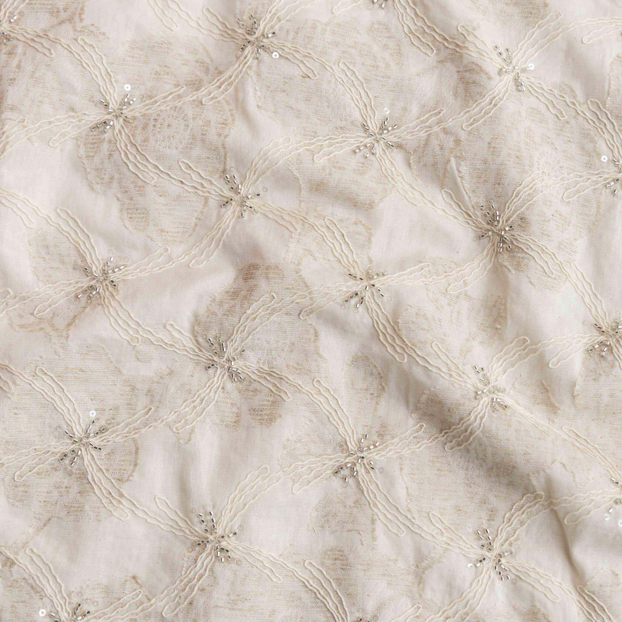 Katoen | Viscose | Linnen geborduurde bloemen/pailletten beige