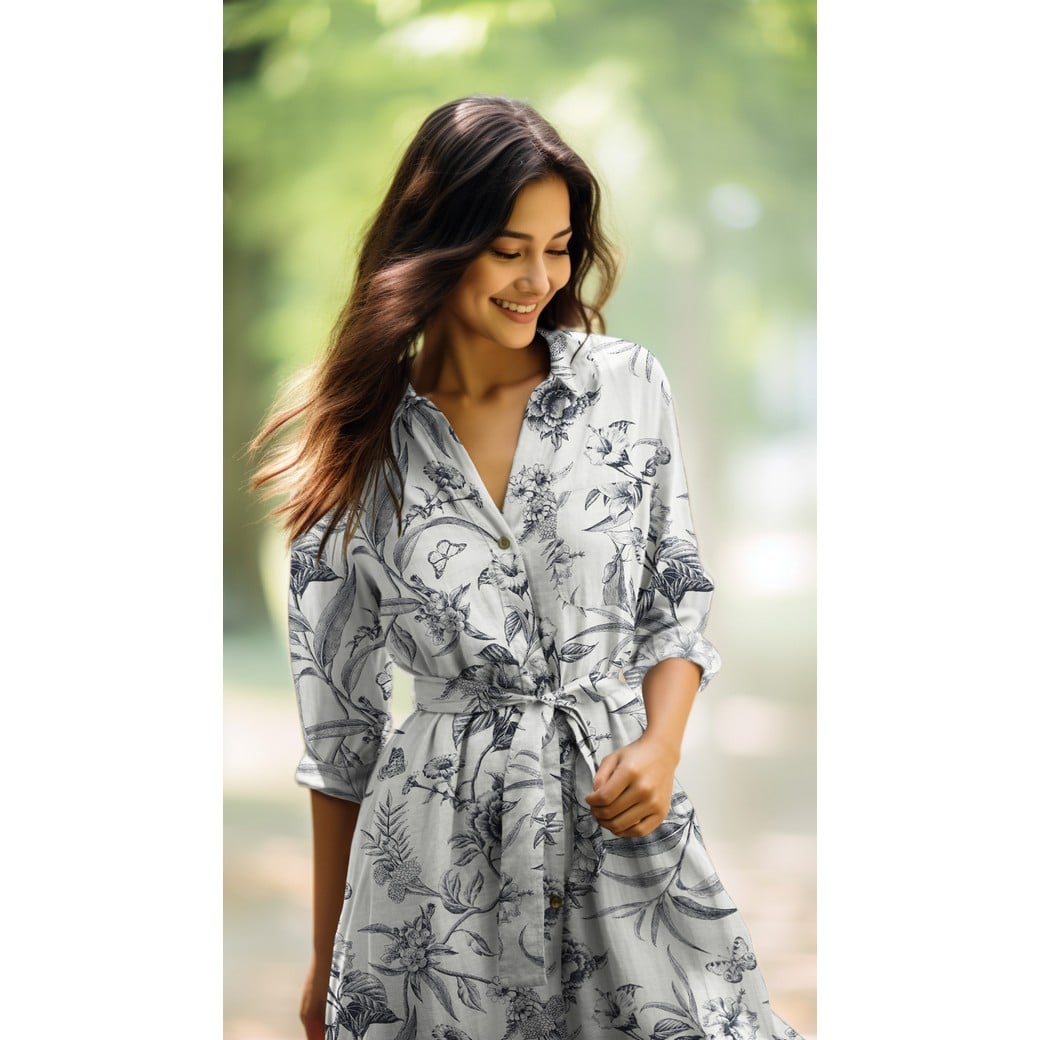 Linnen viscose bloemen offwite/navy
