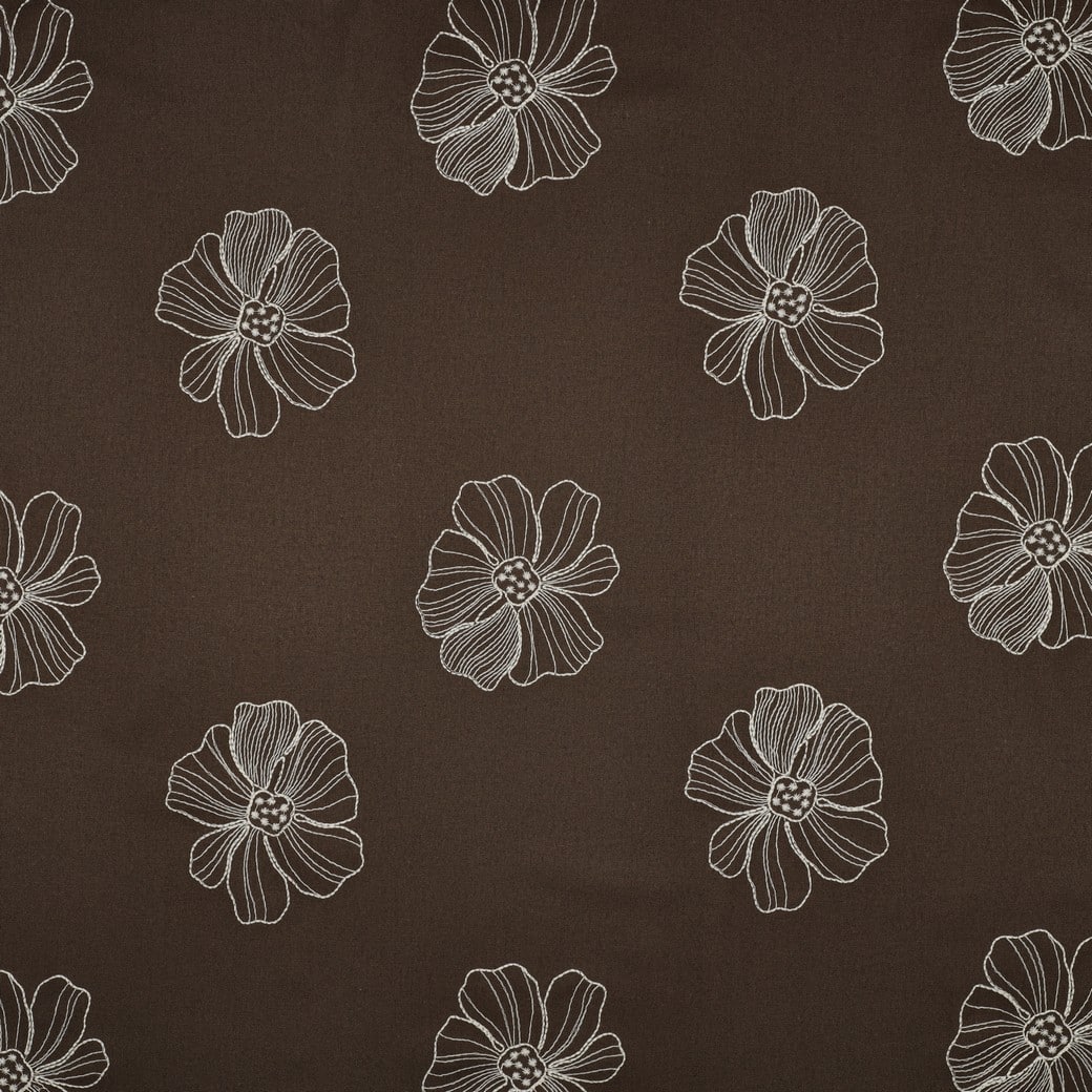 Linnen viscose geborduurde bloemen donkerbruin