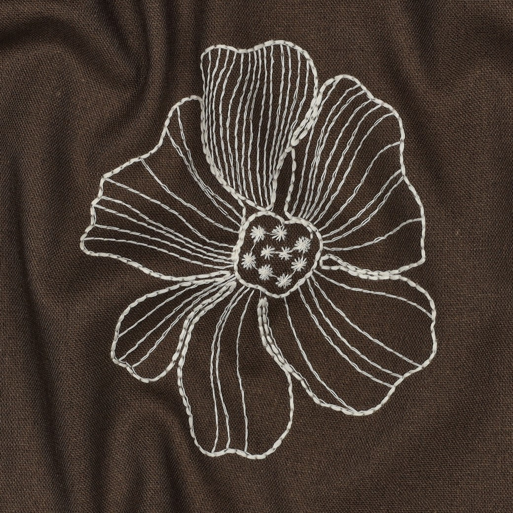 Linnen viscose geborduurde bloemen donkerbruin