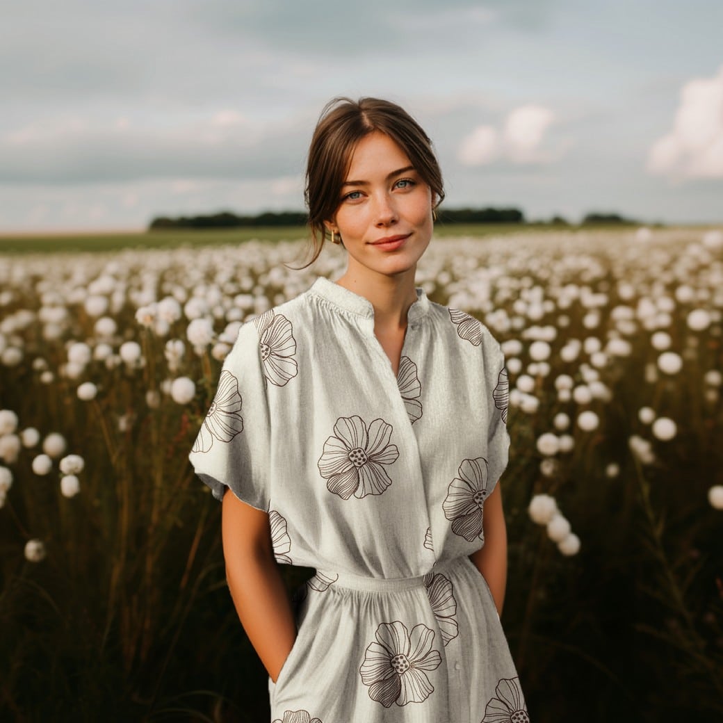Linnen viscose geborduurde bloemen naturel