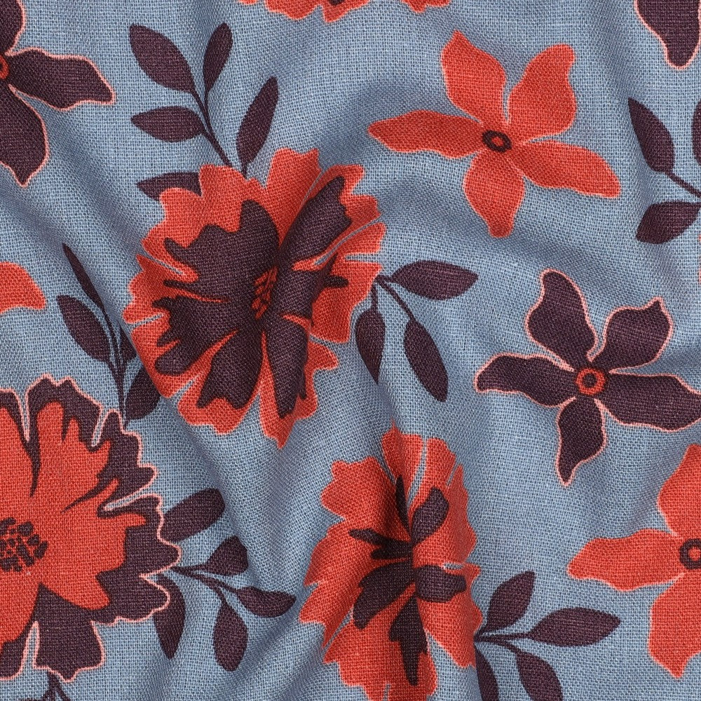 Linnen viscose grote bloemen blauw