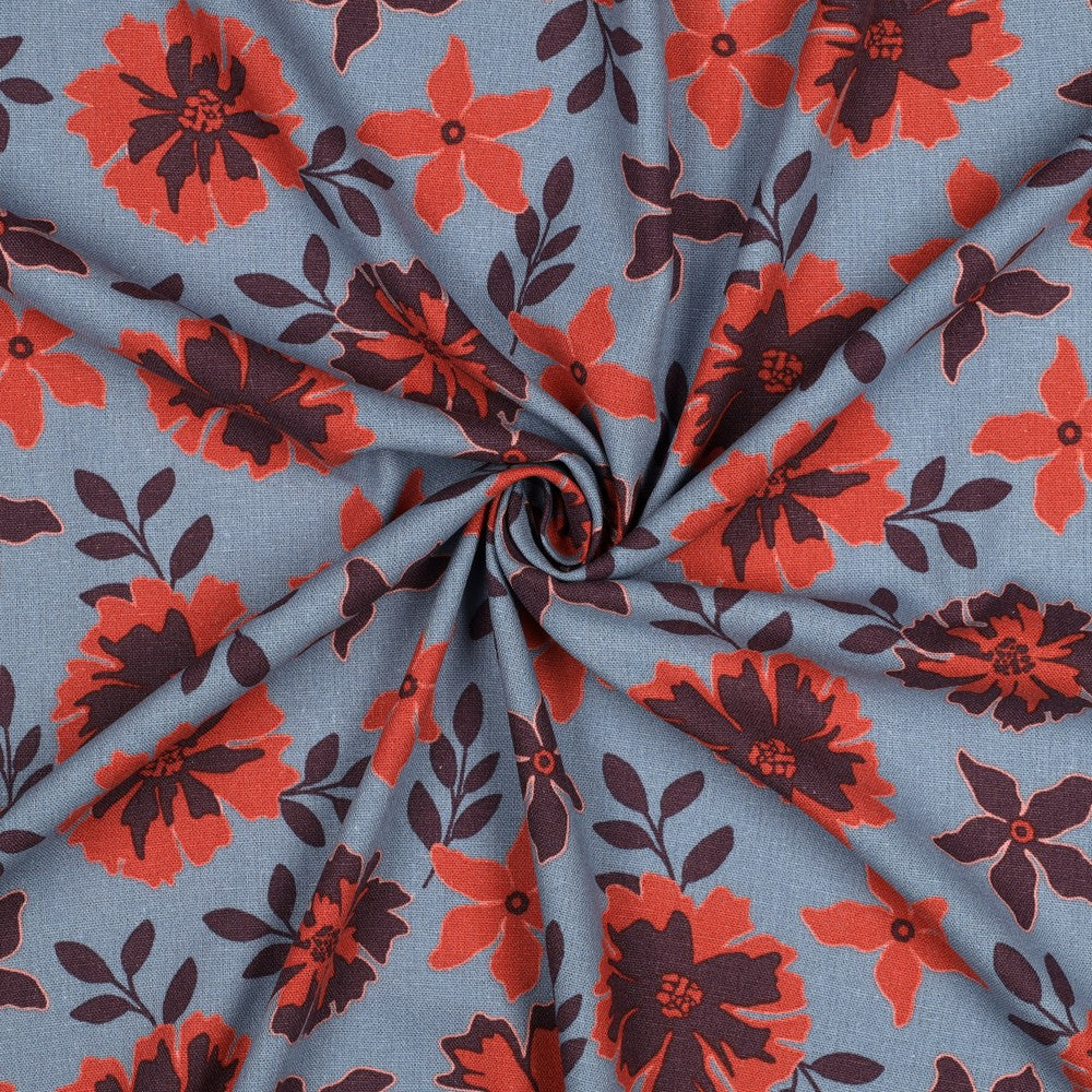 Linnen viscose grote bloemen blauw