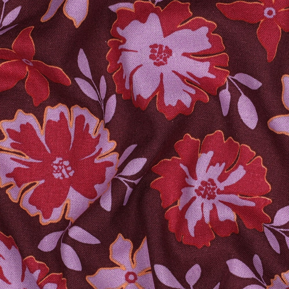 Linnen viscose grote bloemen bordeaux