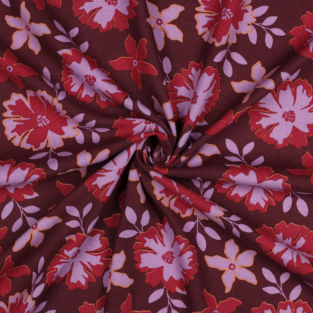 Linnen viscose grote bloemen bordeaux