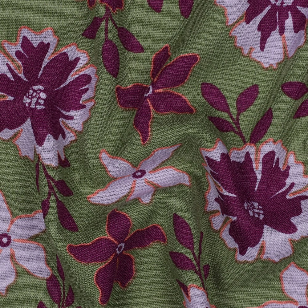 Linnen viscose grote bloemen groen