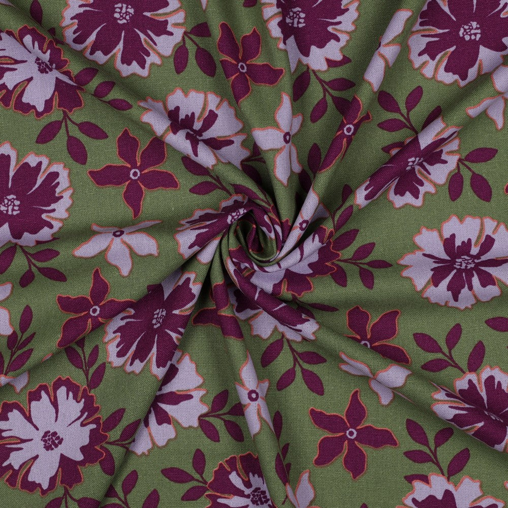 Linnen viscose grote bloemen groen