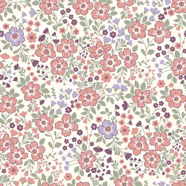 Poplin bloemen koraal/paars