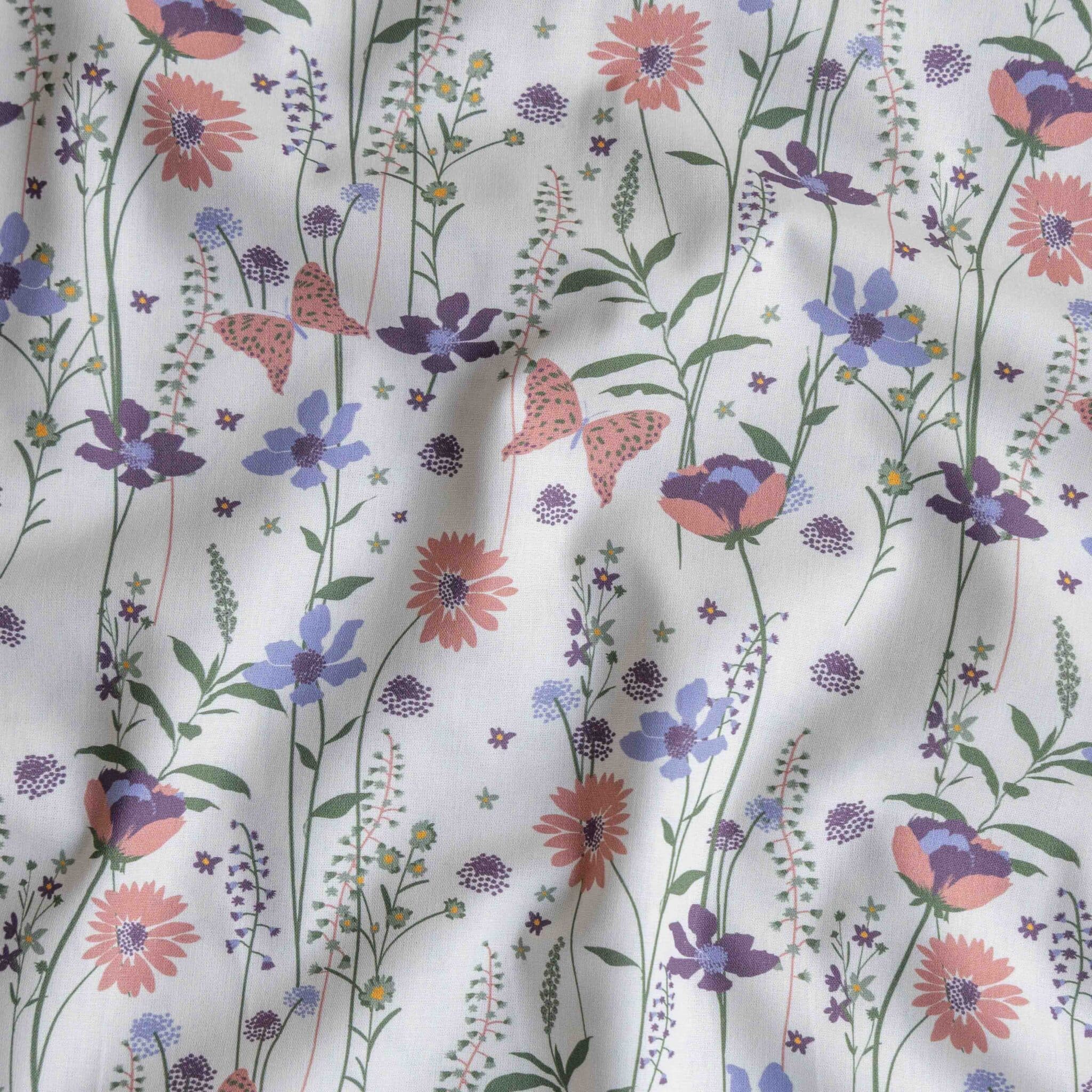 Poplin bloemen/vlinders offwhite