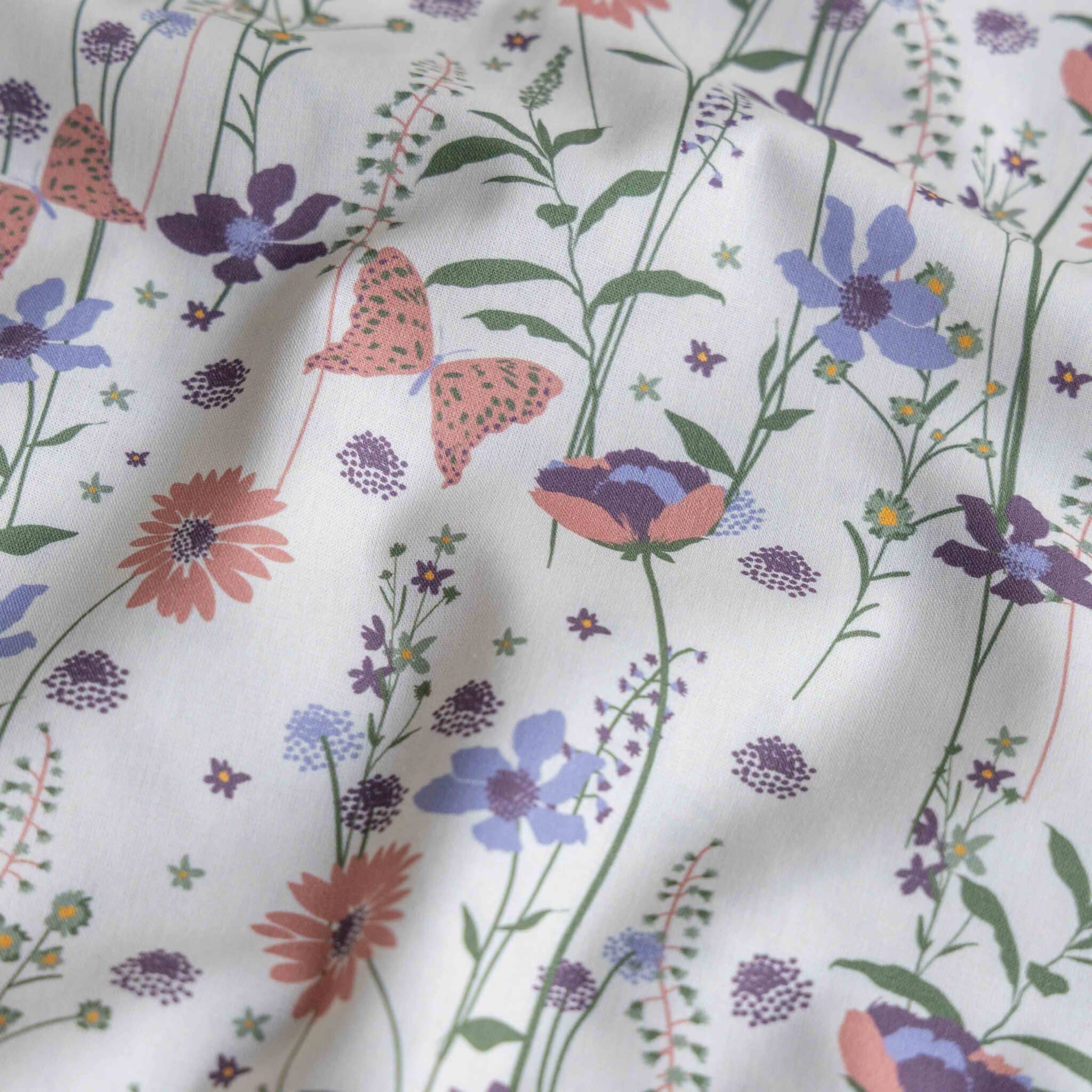 Poplin bloemen/vlinders offwhite