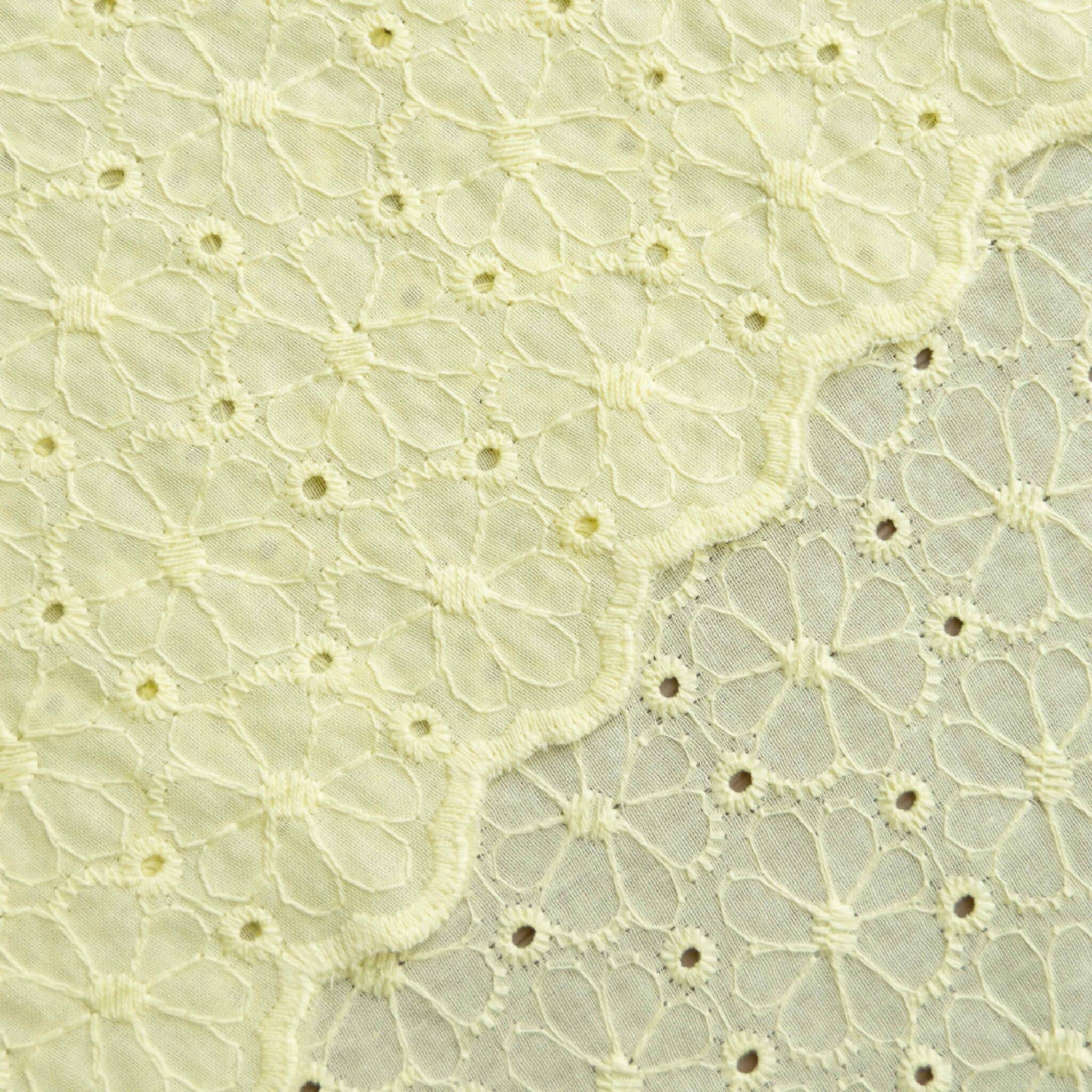 Poplin broderie bloemen schulprand geel