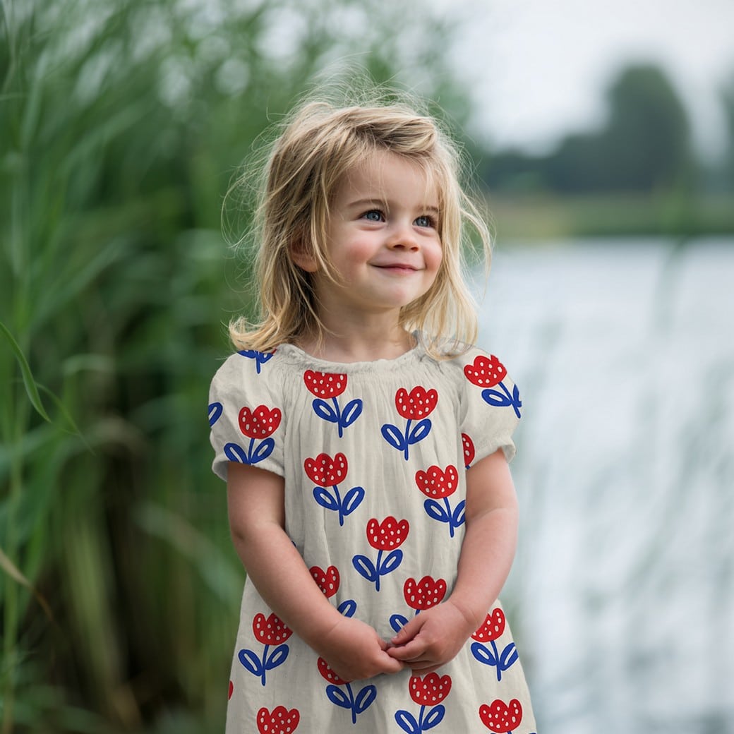 Poplin organic grote bloemen naturel