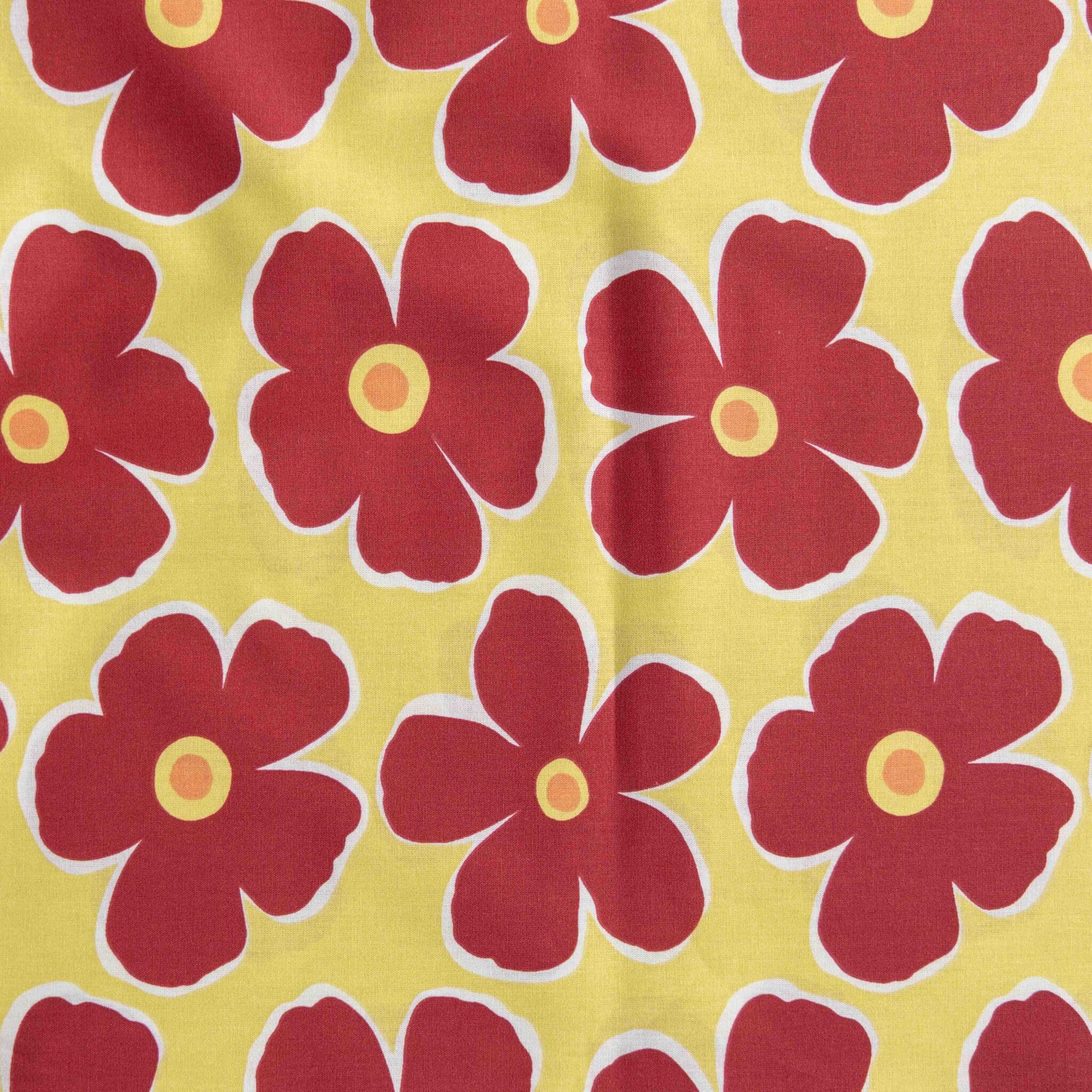 Poplin rode bloemen geel