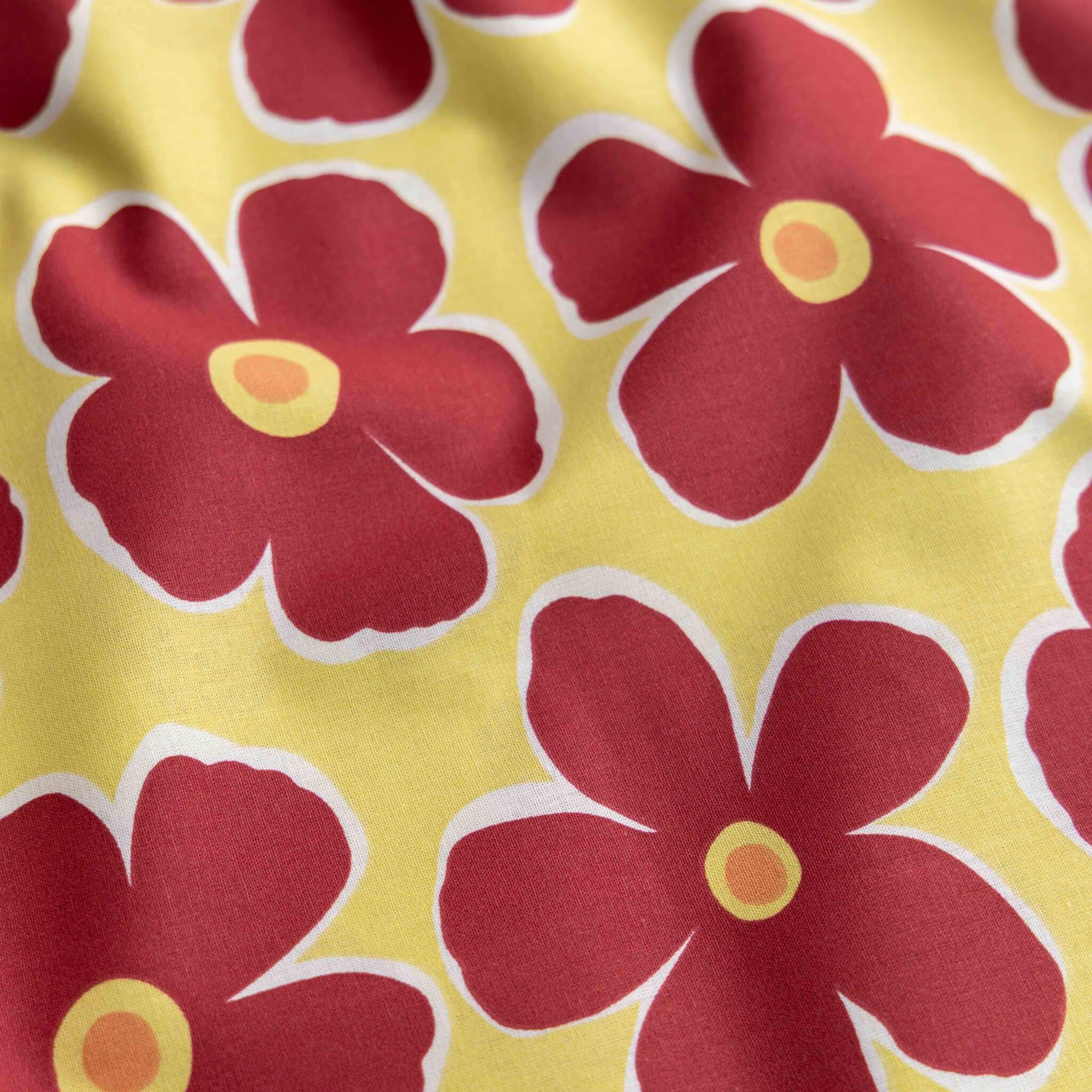 Poplin rode bloemen geel
