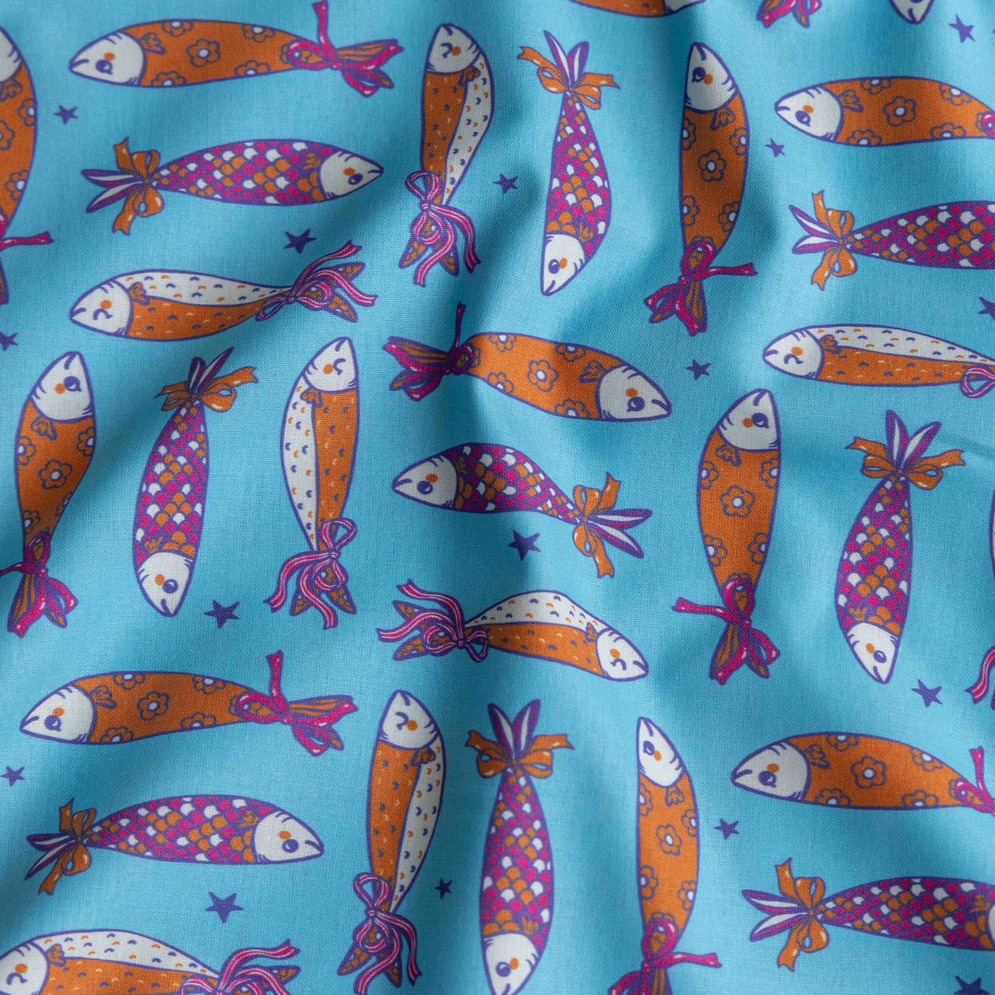 Poplin vissen aquablauw