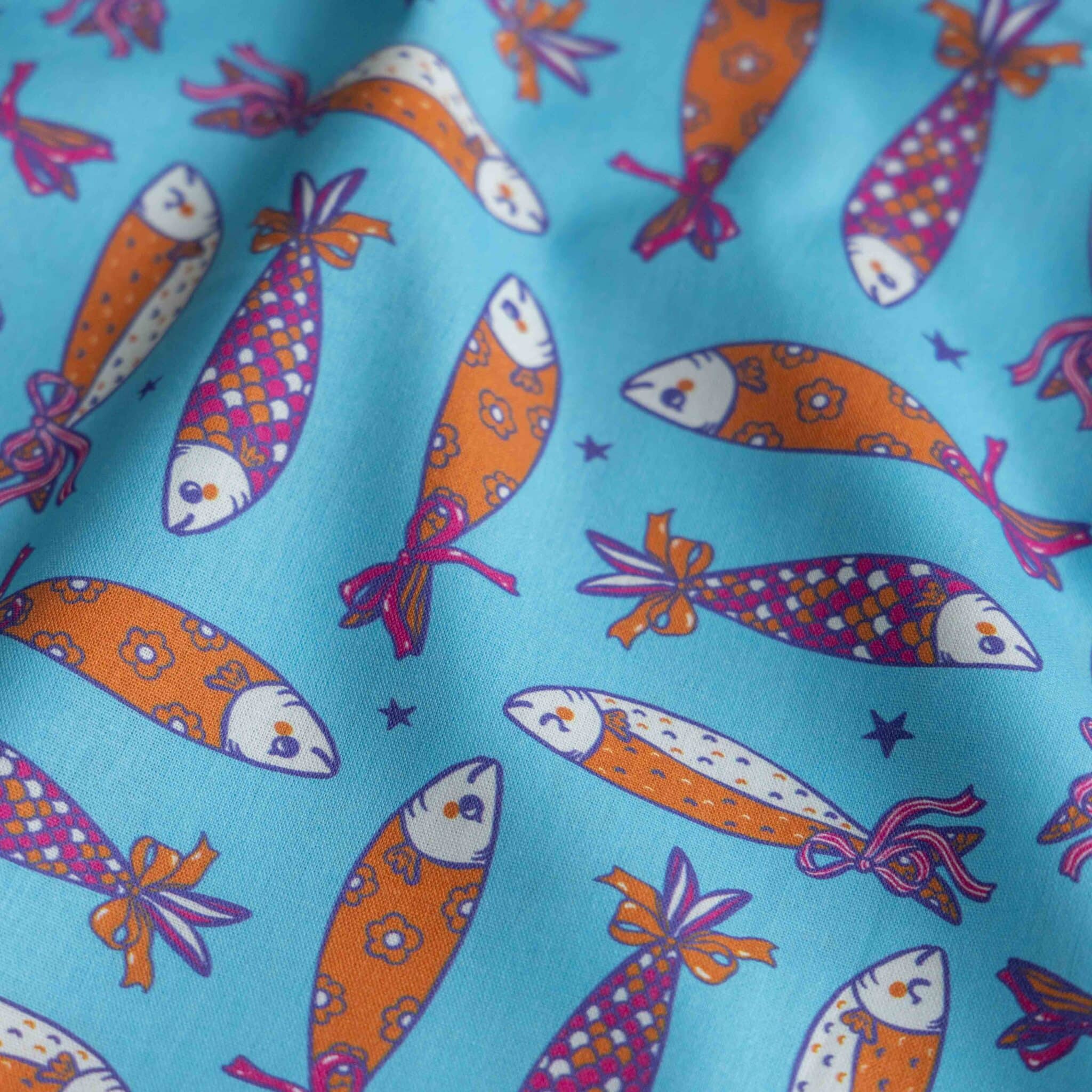 Poplin vissen aquablauw