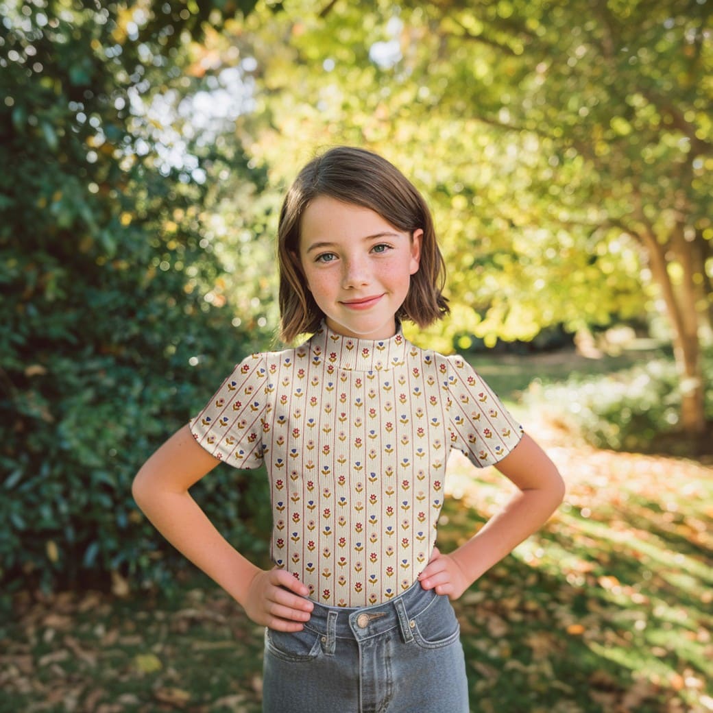 Rib jersey bloemen naturel