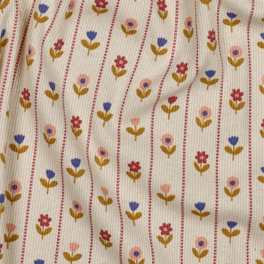 Rib jersey bloemen naturel