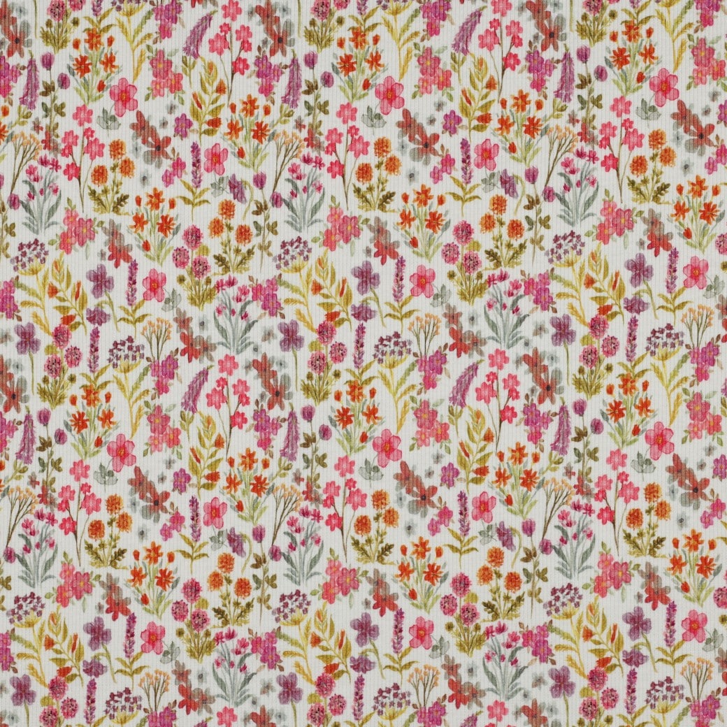 Rib jersey digitaal roze bloemen