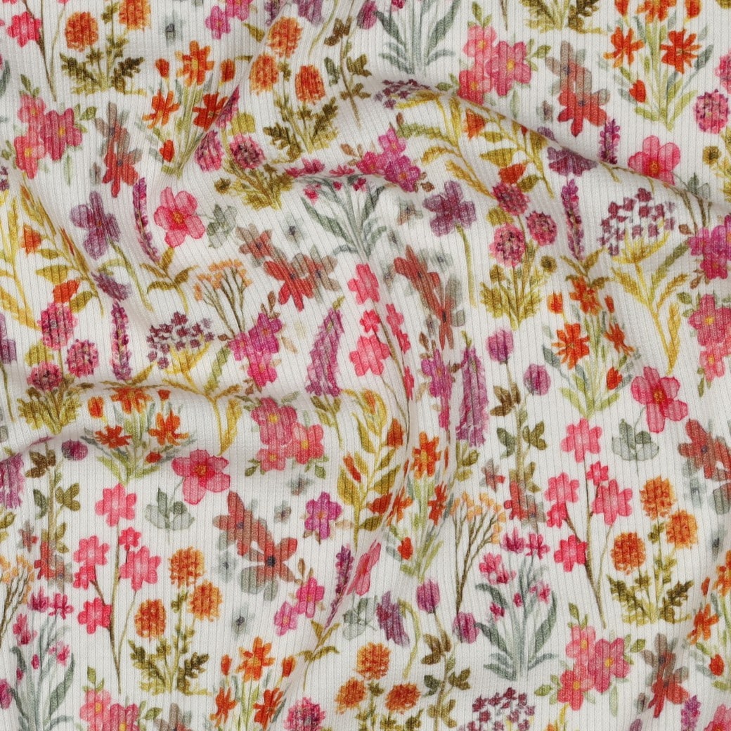 Rib jersey digitaal roze bloemen
