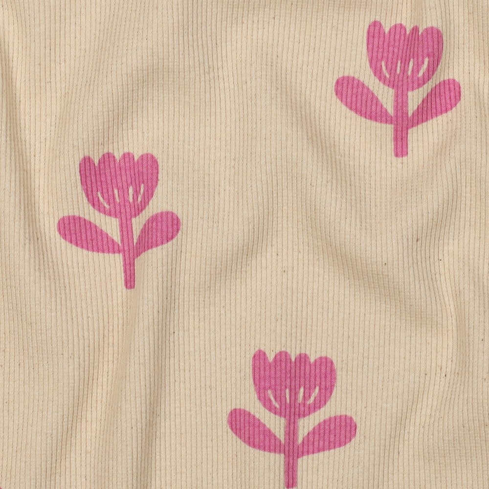 Rib jersey organic bloemen naturel/fuchsia (verkleuring stofvouw)