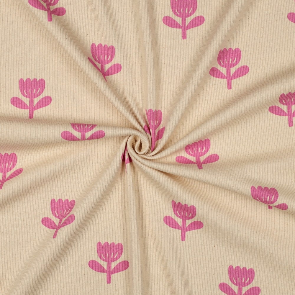 Rib jersey organic bloemen naturel/fuchsia (verkleuring stofvouw)