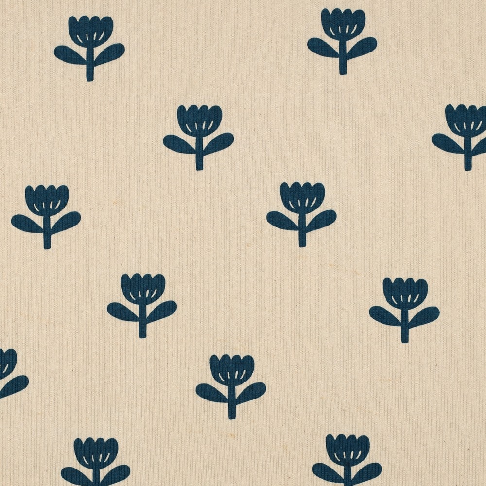 Rib jersey organic bloemen naturel/petrol (verkleuring stofvouw)