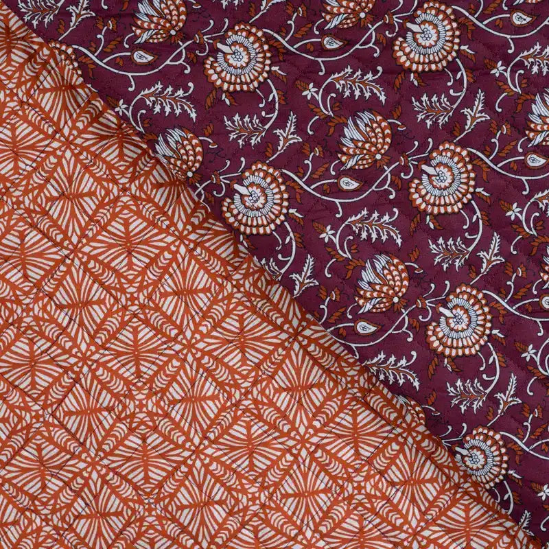 Stepped katoen bloemen aubergine/cognac