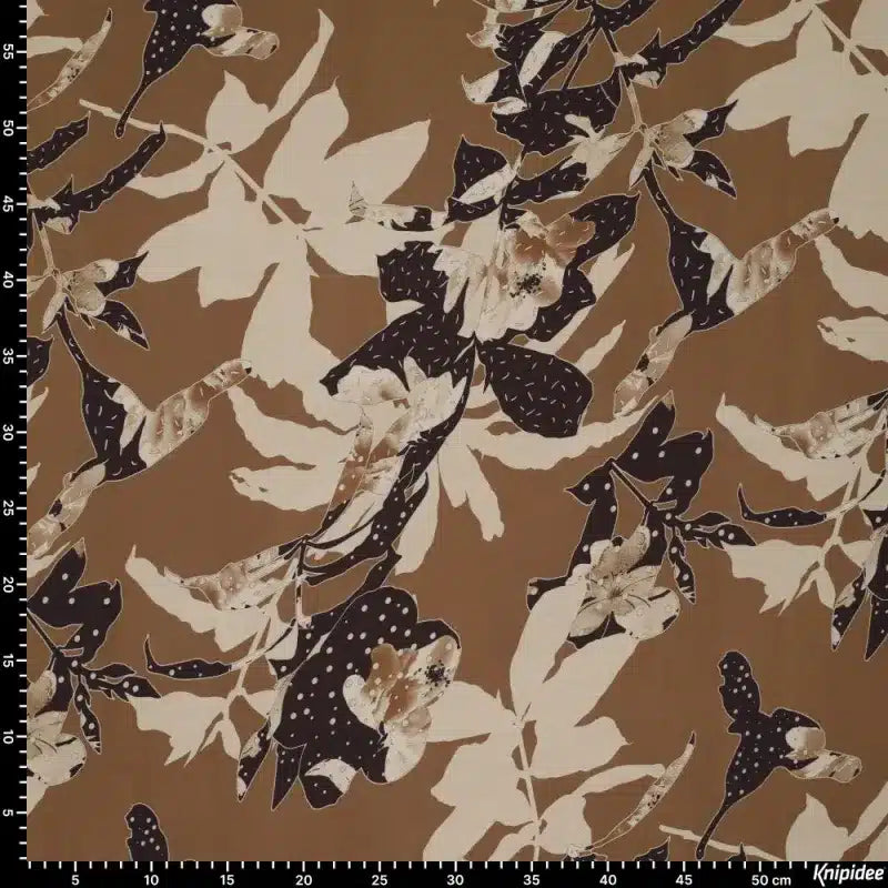 Viscose | polyester bloemen bruin