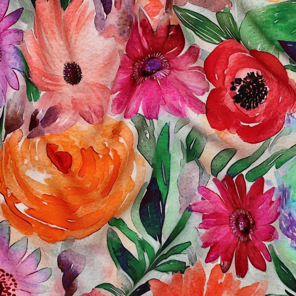 Viscose radiance digitaal bloemen oranje/groen