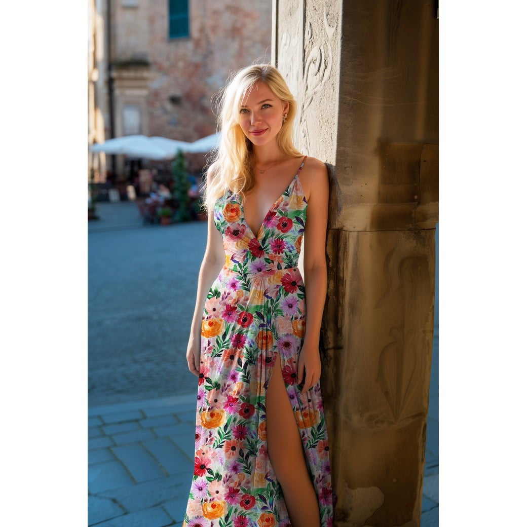 Viscose radiance digitaal bloemen oranje/groen