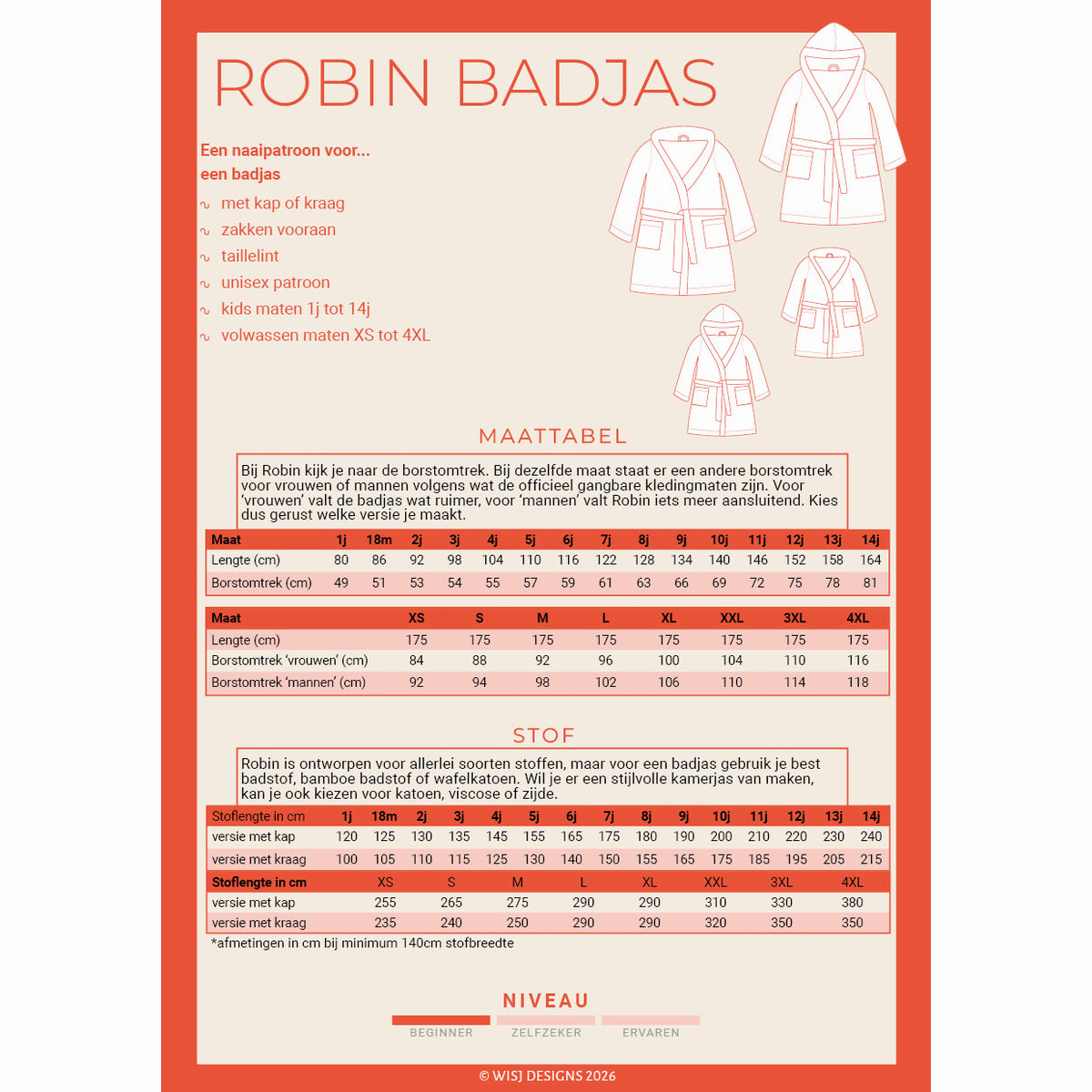 WISJ - Robin badjas volwassenen & kids (papieren patroon)