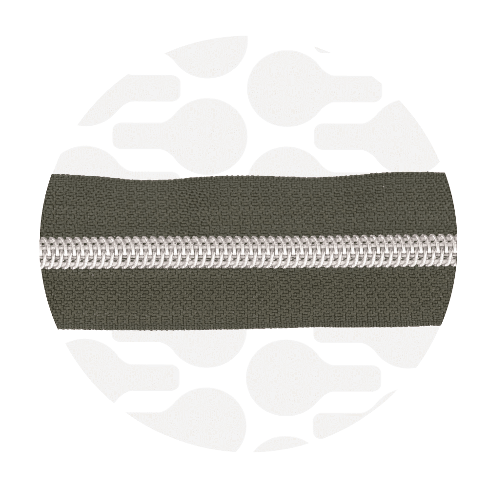 Zipper Zoo - Nylon rits army green - 1 meter - Zilver
